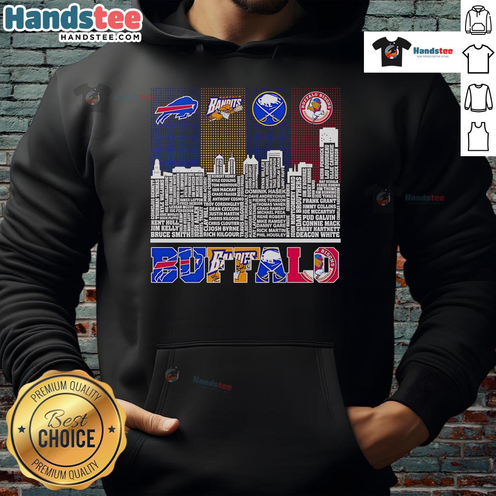 Buffalo skyline hoodie featuring Bills, Bandits, Sabres, and Bisons logos, perfect for sports fans and city pride.