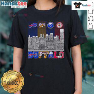 Buffalo skyline featuring Bills, Bandits, Sabres, and Bisons logos on a stylish ladies' tee design.