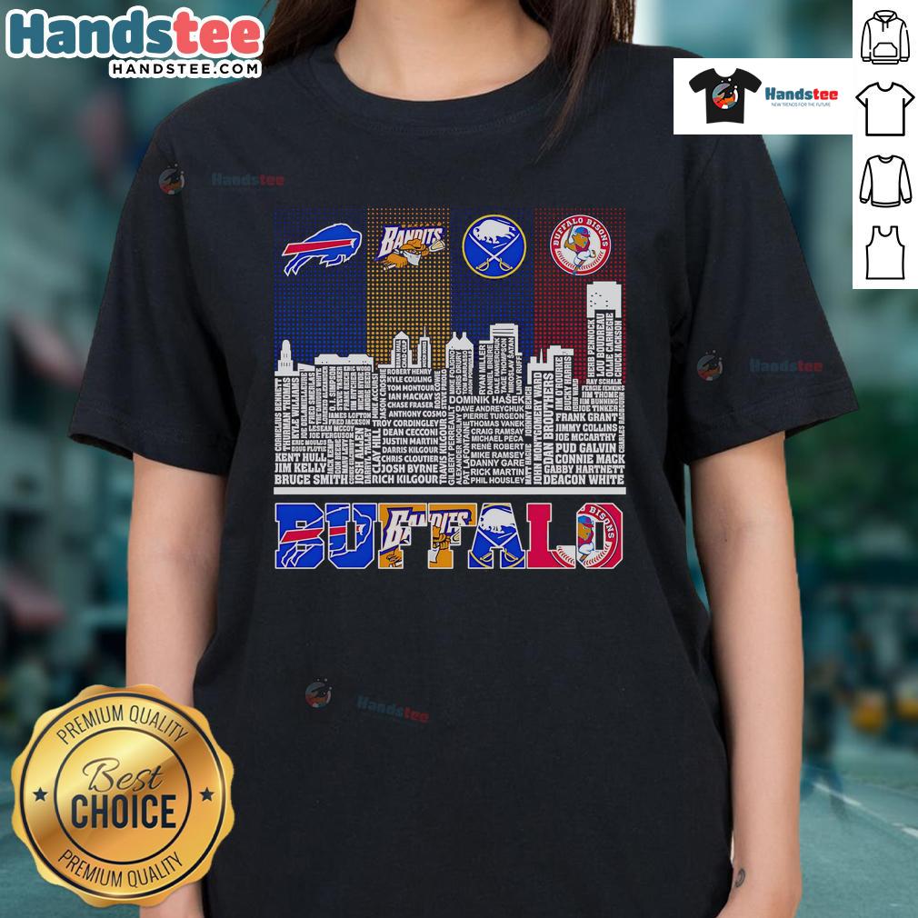 Buffalo skyline featuring Bills, Bandits, Sabres, and Bisons logos on a stylish ladies' tee design.