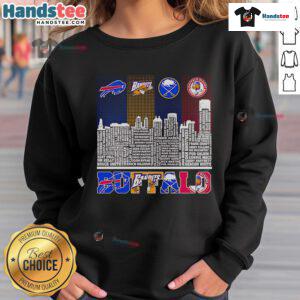 Cozy sweatshirt featuring Buffalo Bills, Bandits, Sabres, and Bisons skyline design for sports fans.
