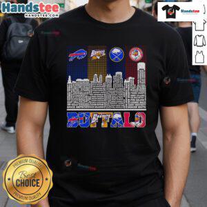 Good Skyline Name T-Shirt featuring Buffalo Bills, Bandits, Sabres, and Bisons logo design in vibrant colors.
