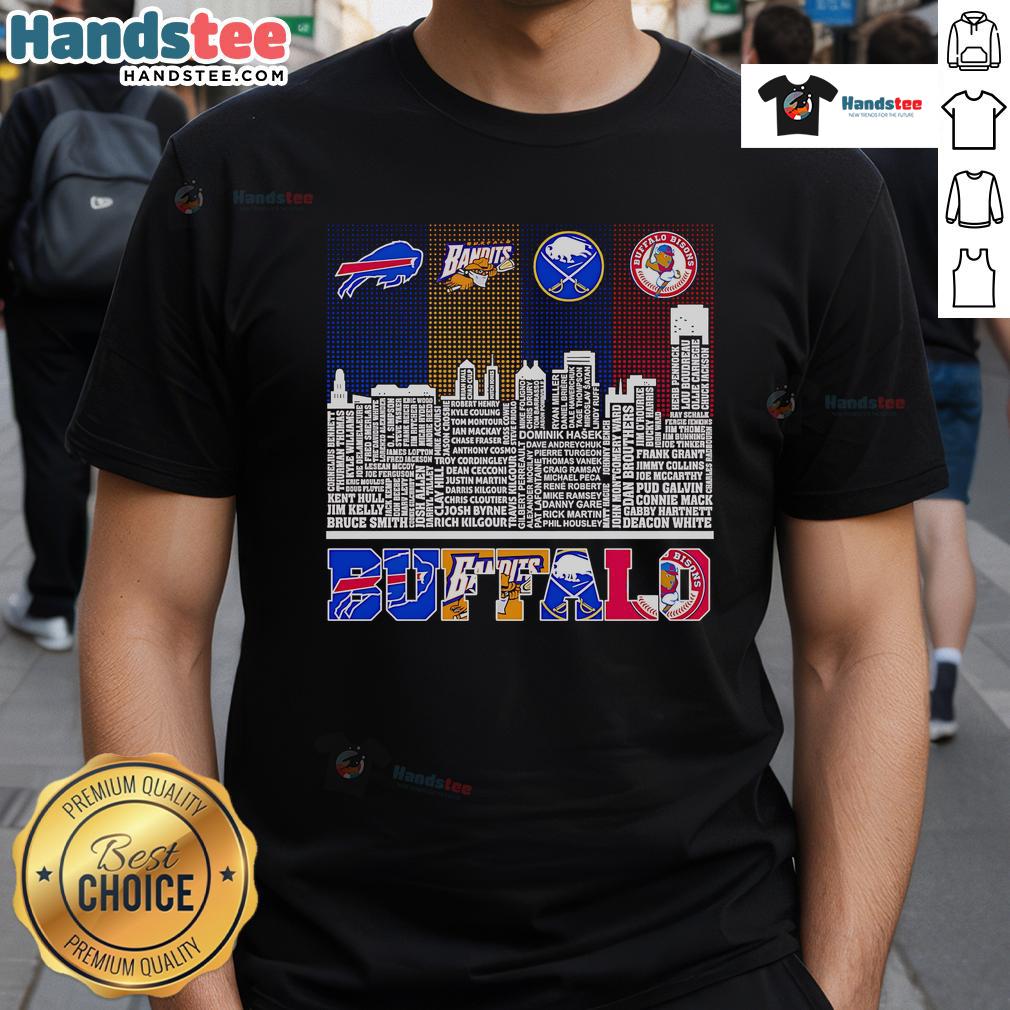 Good Skyline Name T-Shirt featuring Buffalo Bills, Bandits, Sabres, and Bisons logo design in vibrant colors.