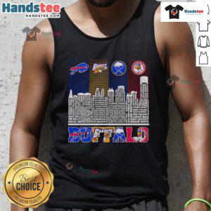 Buffalo Bills, Bandits, Sabres, and Bisons tank top featuring a vibrant skyline design, perfect for sports fans.