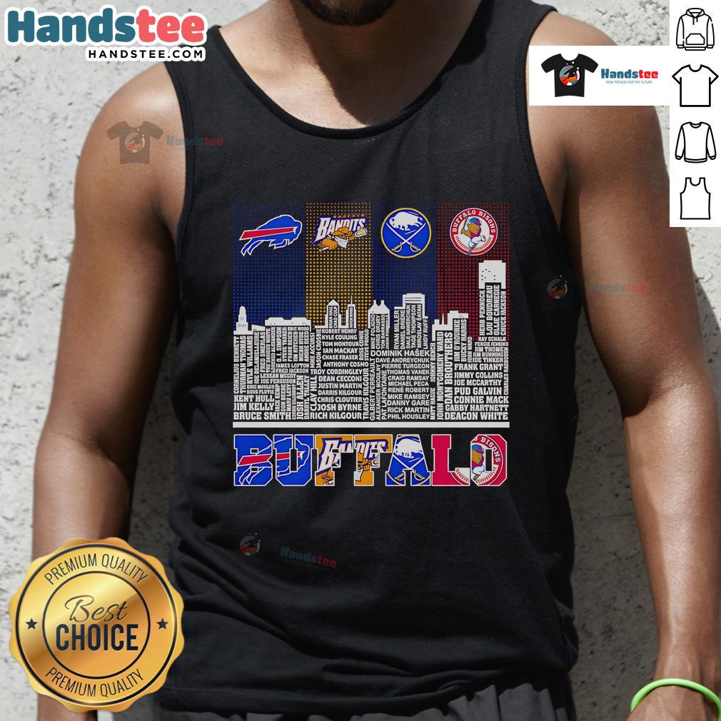 Buffalo Bills, Bandits, Sabres, and Bisons tank top featuring a vibrant skyline design, perfect for sports fans.