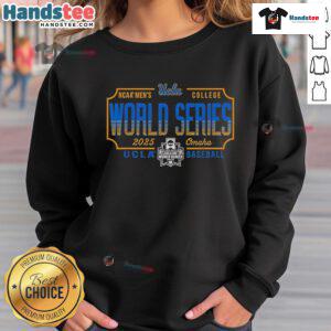 UCLA Bruins College World Series 2025 baseball sweatshirt featuring team colors and logo.