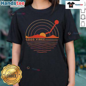 Good Vibez Record Sunset Ladies Tee featuring a vibrant sunset design perfect for casual summer outfits.