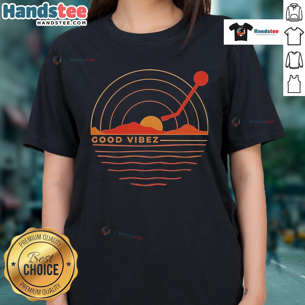 Good Vibez Record Sunset Ladies Tee featuring a vibrant sunset design perfect for casual summer outfits.