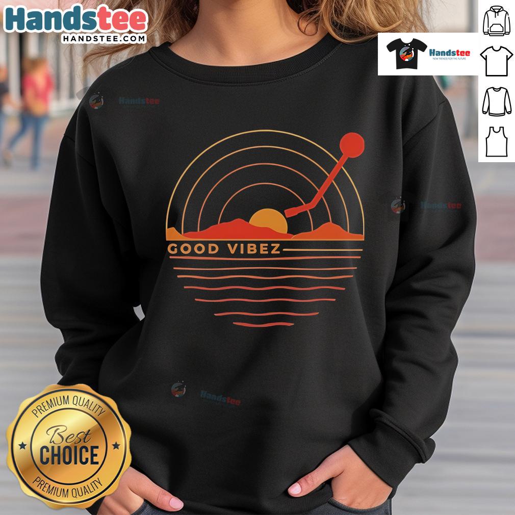 Good Vibez Record Sunset Sweatshirt featuring a vibrant sunset design, perfect for cozy, stylish evenings.