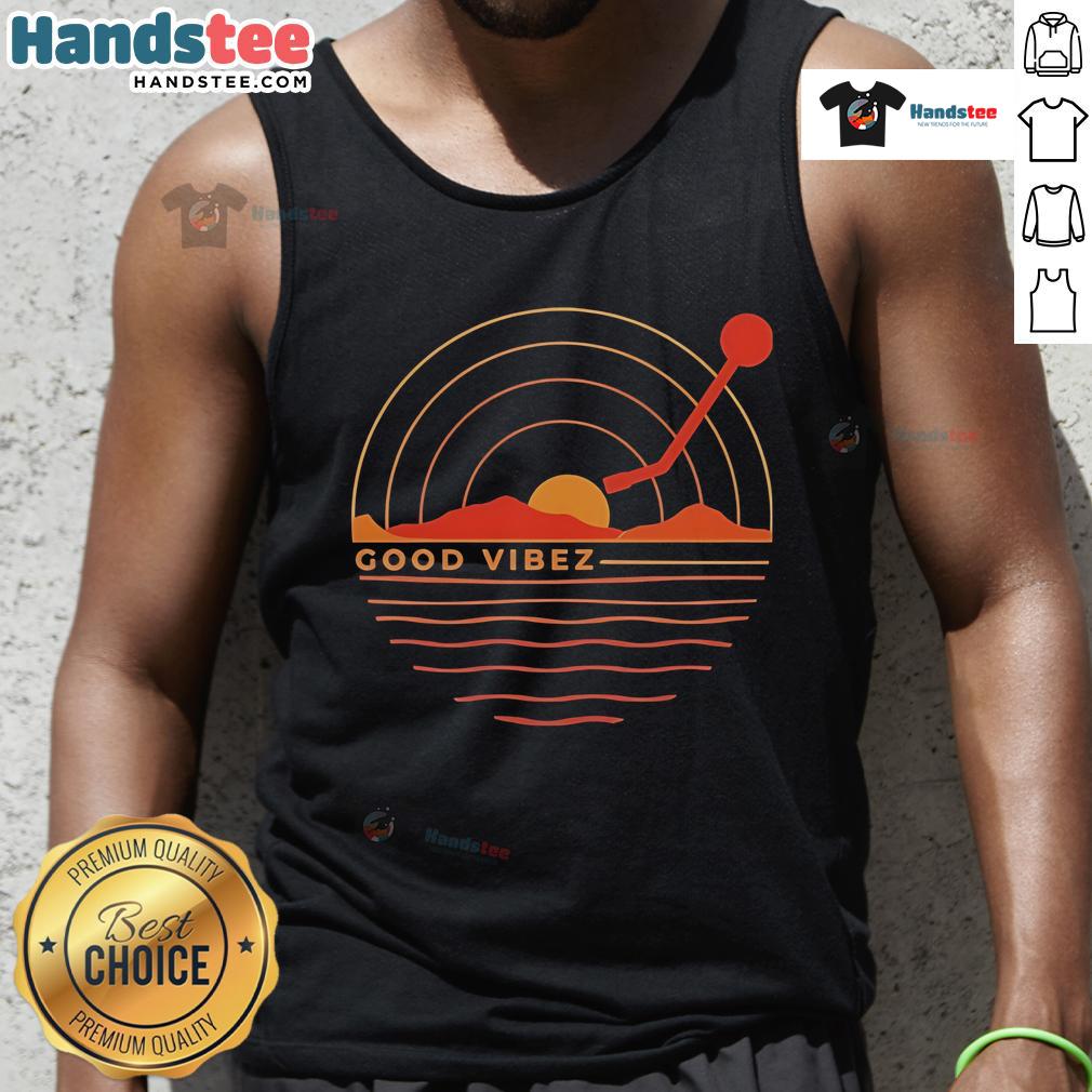 Good Vibez Record sunset tank top featuring a vibrant sunset design, perfect for summer outings and music lovers.