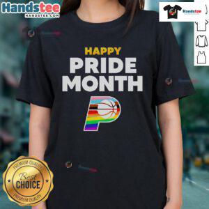 Happy Indiana Pacers Pride Month 2025 logo on a ladies tee, celebrating diversity and inclusivity in sports fashion.
