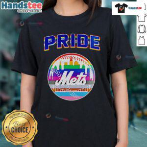 Happy NY Mets celebration for Pride Month 2025 featuring ladies tee with vibrant colors and baseball design.