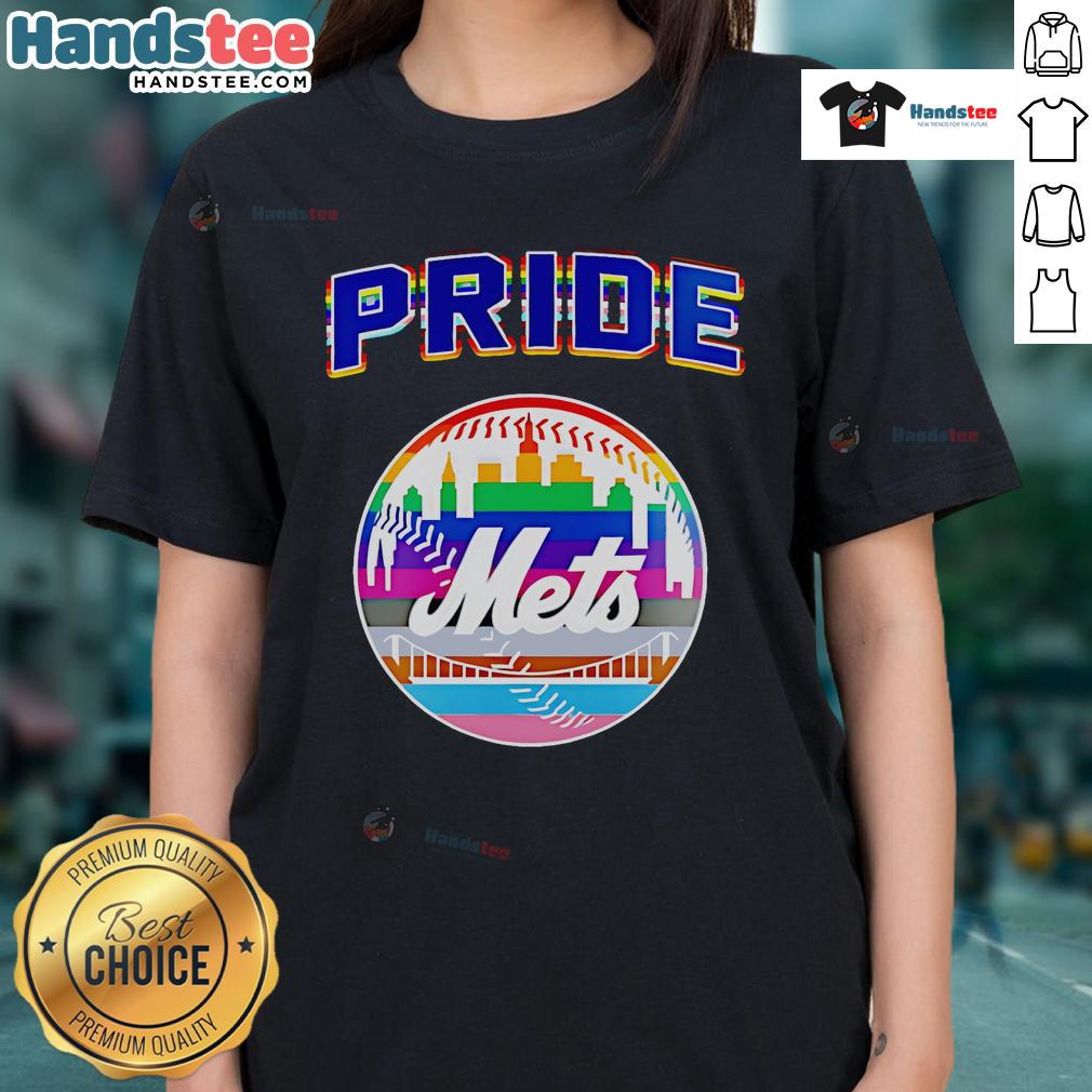 Happy NY Mets celebration for Pride Month 2025 featuring ladies tee with vibrant colors and baseball design.