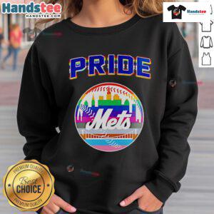 Happy NY Mets celebration sweatshirt for Pride Month 2025, featuring vibrant colors and team logo.