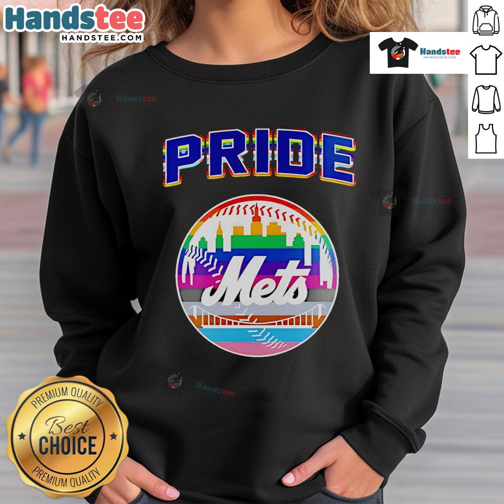 Happy NY Mets celebration sweatshirt for Pride Month 2025, featuring vibrant colors and team logo.