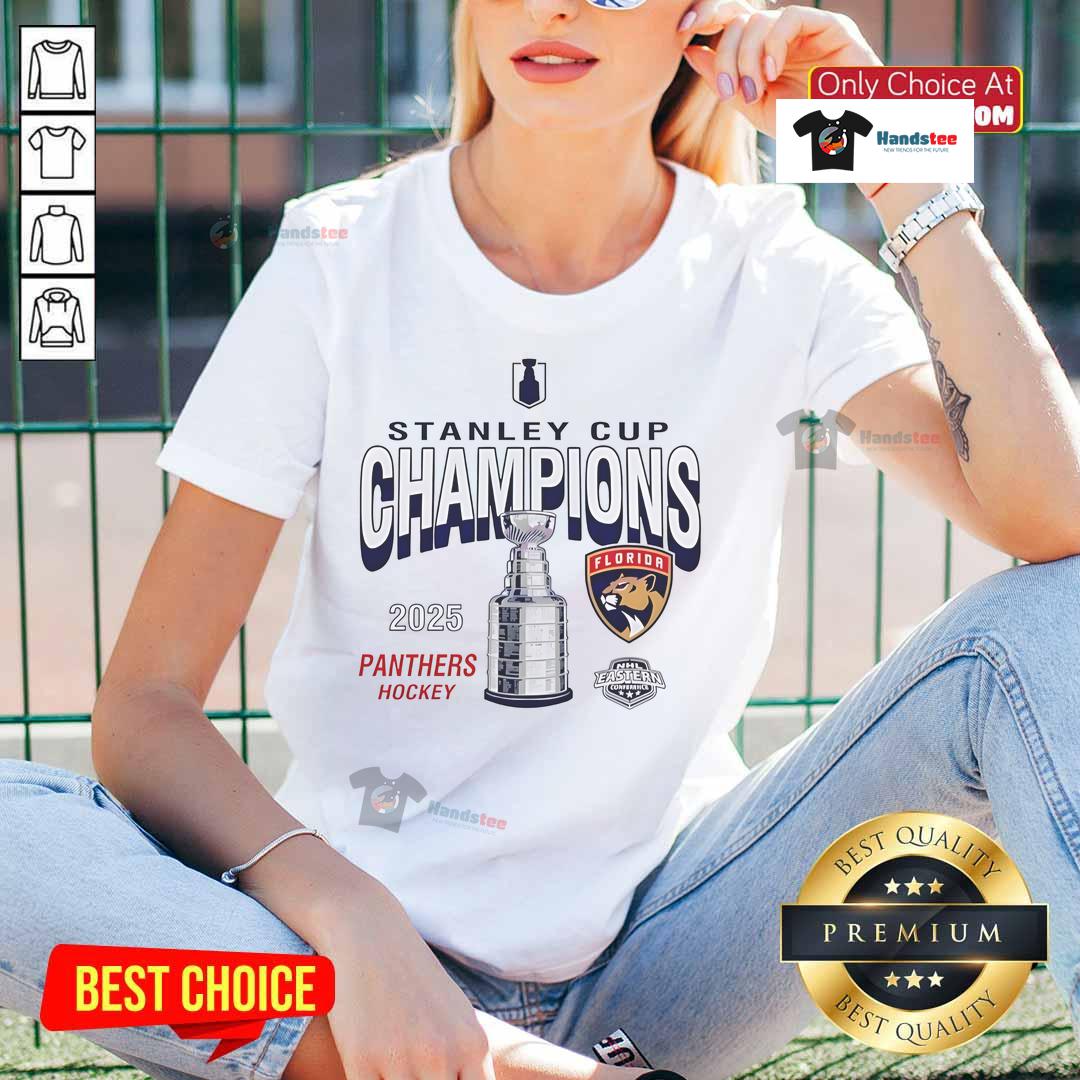 Hot Florida Panthers 2025 Stanley Cup Champions throwback ladies tee featuring vibrant team colors and logo design.