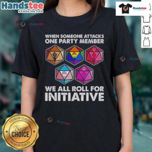 Funny Dungeons and Dragons ladies tee graphic showing party members rolling for initiative after an attack.