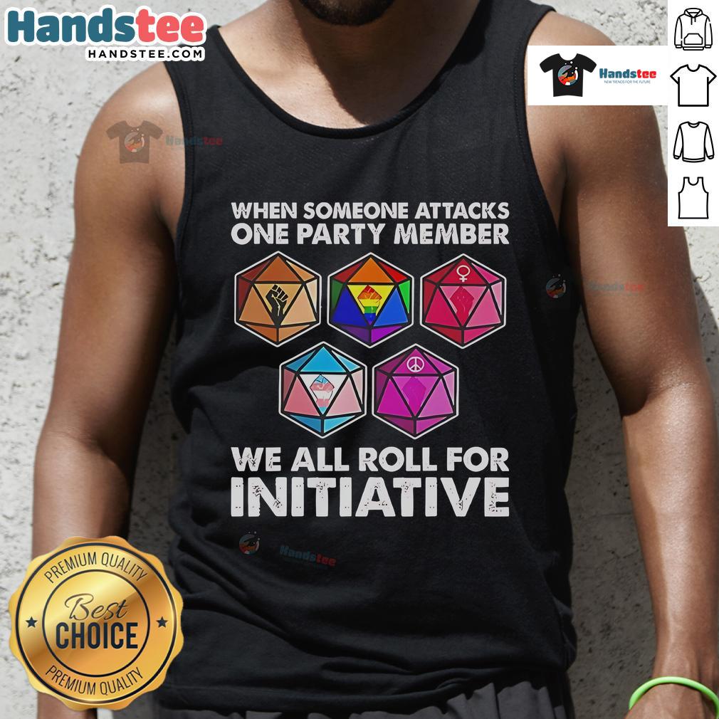 Funny Dungeons and Dragons tank top design featuring 'We All Roll for Initiative' with a party member under attack.