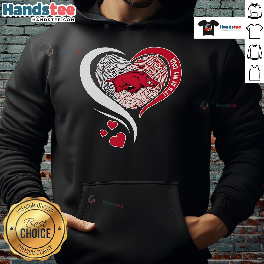 Arkansas Razorbacks hoodie featuring a unique fingerprint heart design, showcasing school spirit and DNA connection.