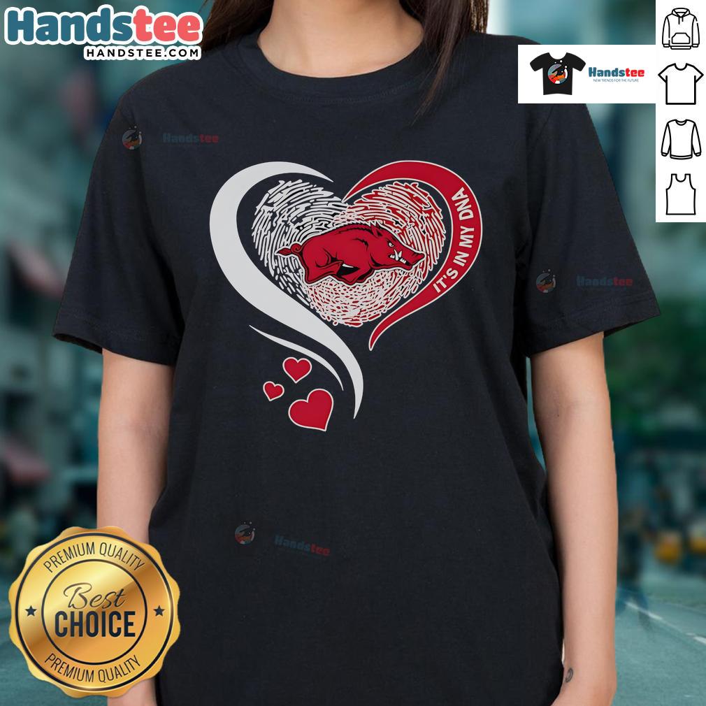Nice Fingerprint Heart It's In My DNA Arkansas Razorbacks Ladies Tee showcasing team spirit and unique design.