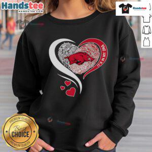 Arkansas Razorbacks sweatshirt featuring a fingerprint heart design, showcasing school spirit and unique style.