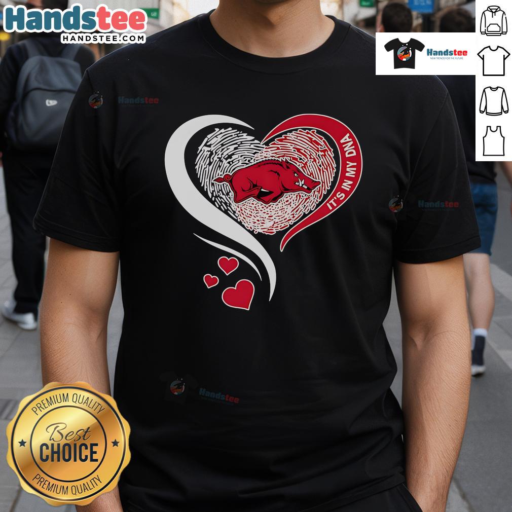 Nice Fingerprint Heart Arkansas Razorbacks T-Shirt showcasing DNA design, perfect for fans and alumni of the team.