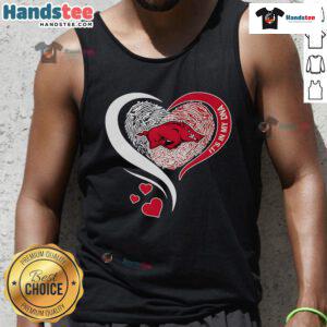 Arkansas Razorbacks tank top featuring a fingerprint heart design, showcasing team spirit and personal connection.