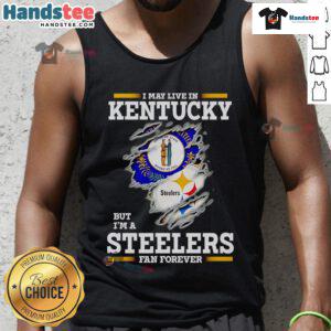 Stylish tank top featuring 'I May Live In Kentucky But I'm A Steelers Fan Forever' design, perfect for sports fans.