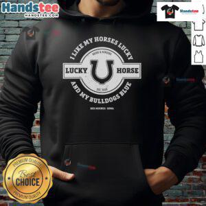 Cozy hoodie featuring a lucky horse and bulldogs design, perfect for animal lovers and fans of unique apparel.