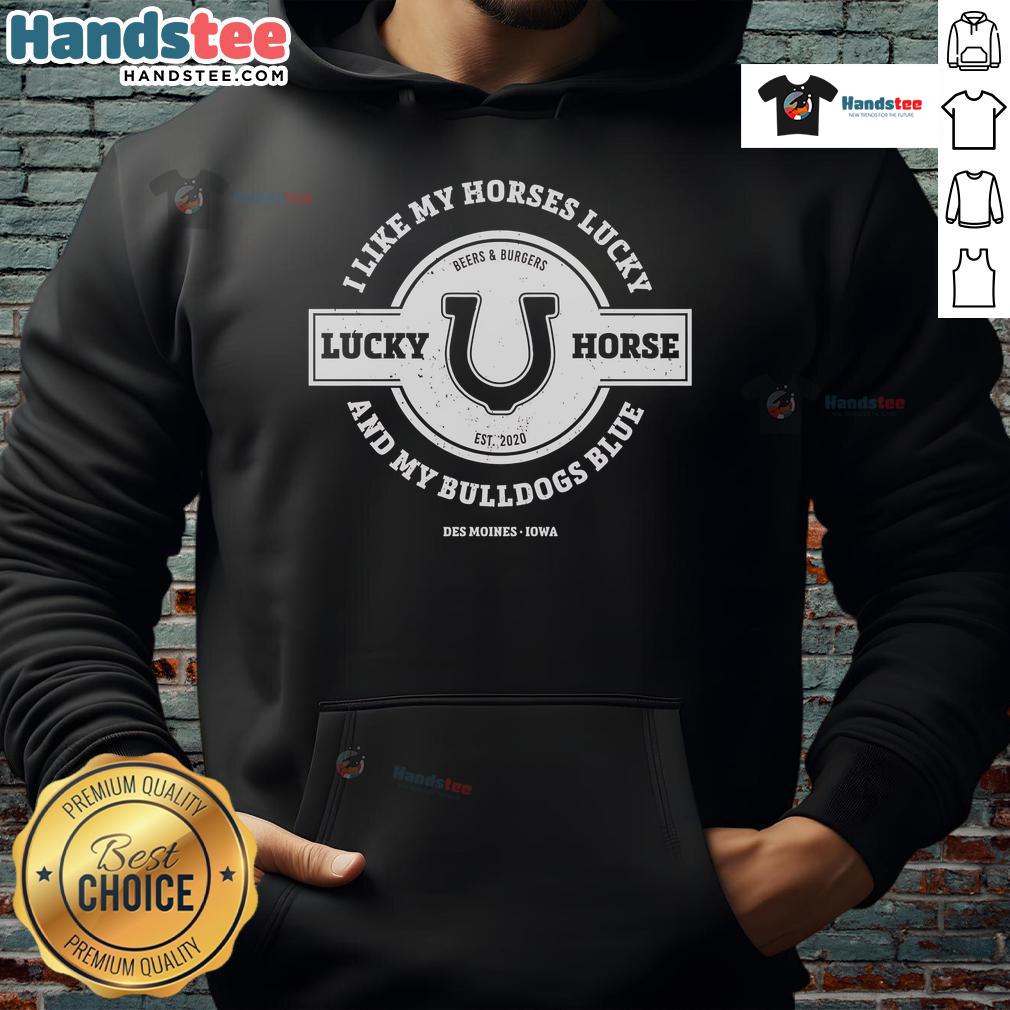 Cozy hoodie featuring a lucky horse and bulldogs design, perfect for animal lovers and fans of unique apparel.