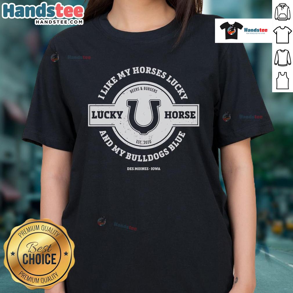 Stylish ladies tee featuring a lucky horse and bulldogs design, perfect for animal lovers and fashion enthusiasts.