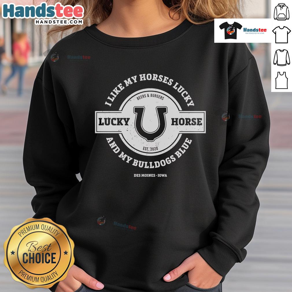 Nice Lucky Horse sweatshirt featuring a lucky horse and bulldogs, perfect for animal lovers and cozy fashion.