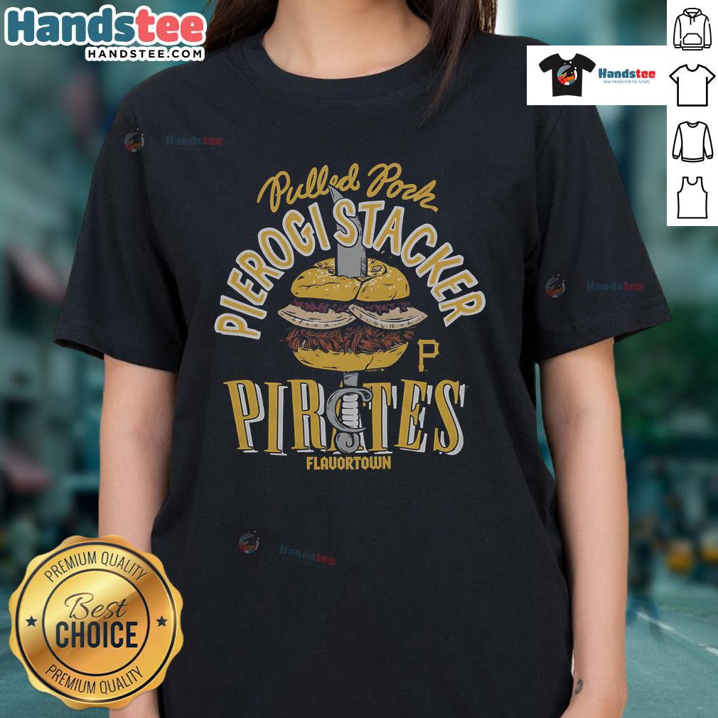 Nice MLB x Flavortown Pittsburgh Pirates Pierogi Stacker Ladies Tee featuring vibrant graphics and a stylish design.