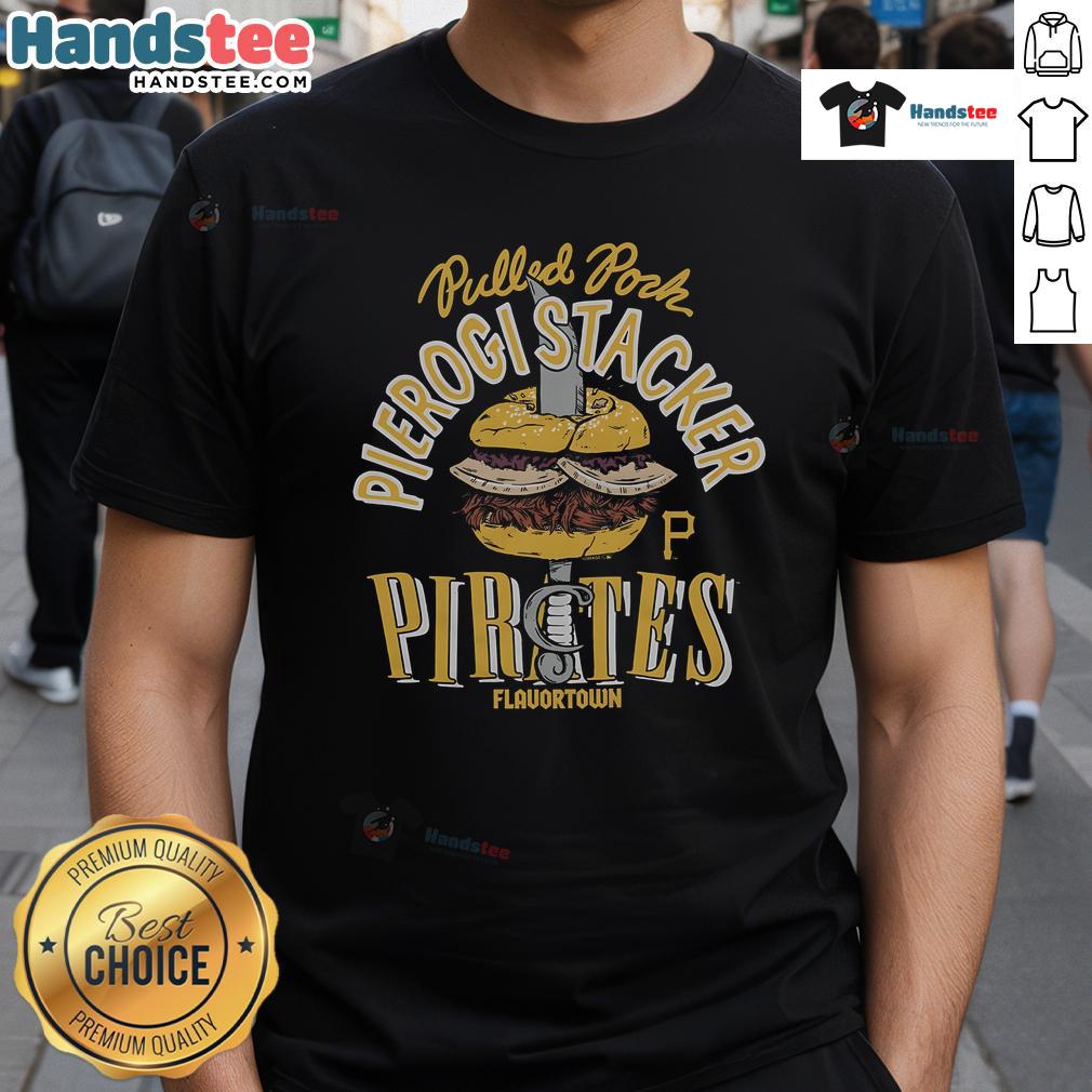 Nice MLB x Flavortown Pittsburgh Pirates Pierogi Stacker T-Shirt featuring vibrant graphics and team colors.