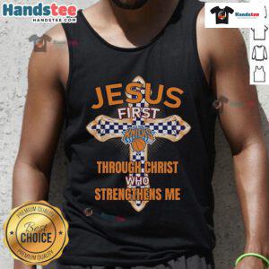 Nice New York Knicks tank top featuring 'Through Christ Who Strengthens Me' design, perfect for fans and believers.