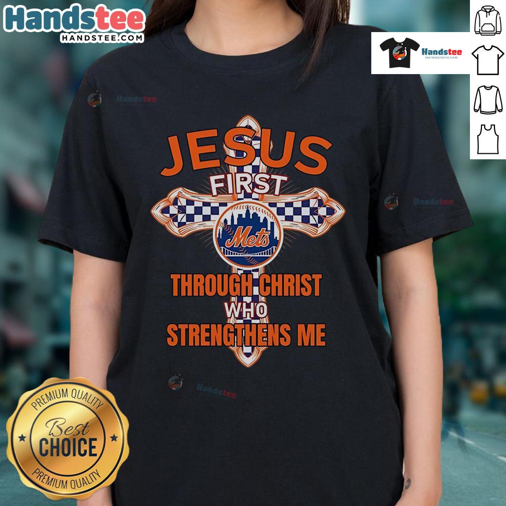 Nice New York Mets Jesus Tee for ladies featuring 'Through Christ Who Strengthens Me' design, perfect for fans.