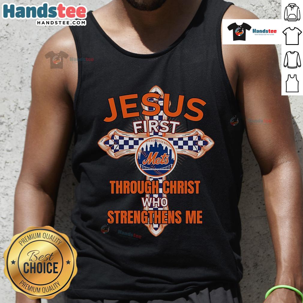 Nice New York Mets tank top featuring 'Through Christ Who Strengthens Me' design, perfect for baseball fans and believers.