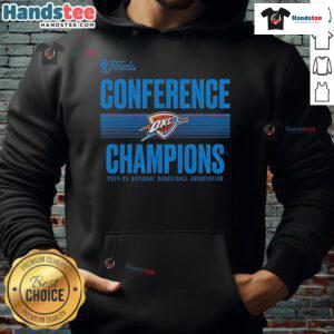 Alt Text: Oklahoma City Thunder 2025 Western Conference Champions hoodie featuring a stylish ball handler design.