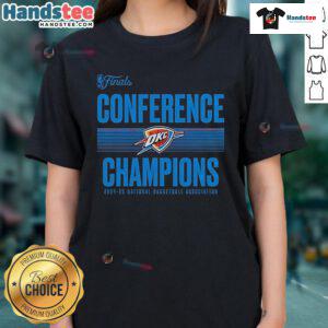 Alt Text: Nice Oklahoma City Thunder 2025 Western Conference Champions ball handler ladies tee showcasing team pride.