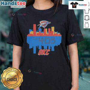 Alt Text: Ladies tee featuring Oklahoma City Thunder logo and The 405 city skyline, perfect for fans and stylish casual wear.