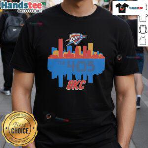 Nice Oklahoma City Thunder The 405 City Skyline T-Shirt featuring a vibrant city skyline design and team logo.