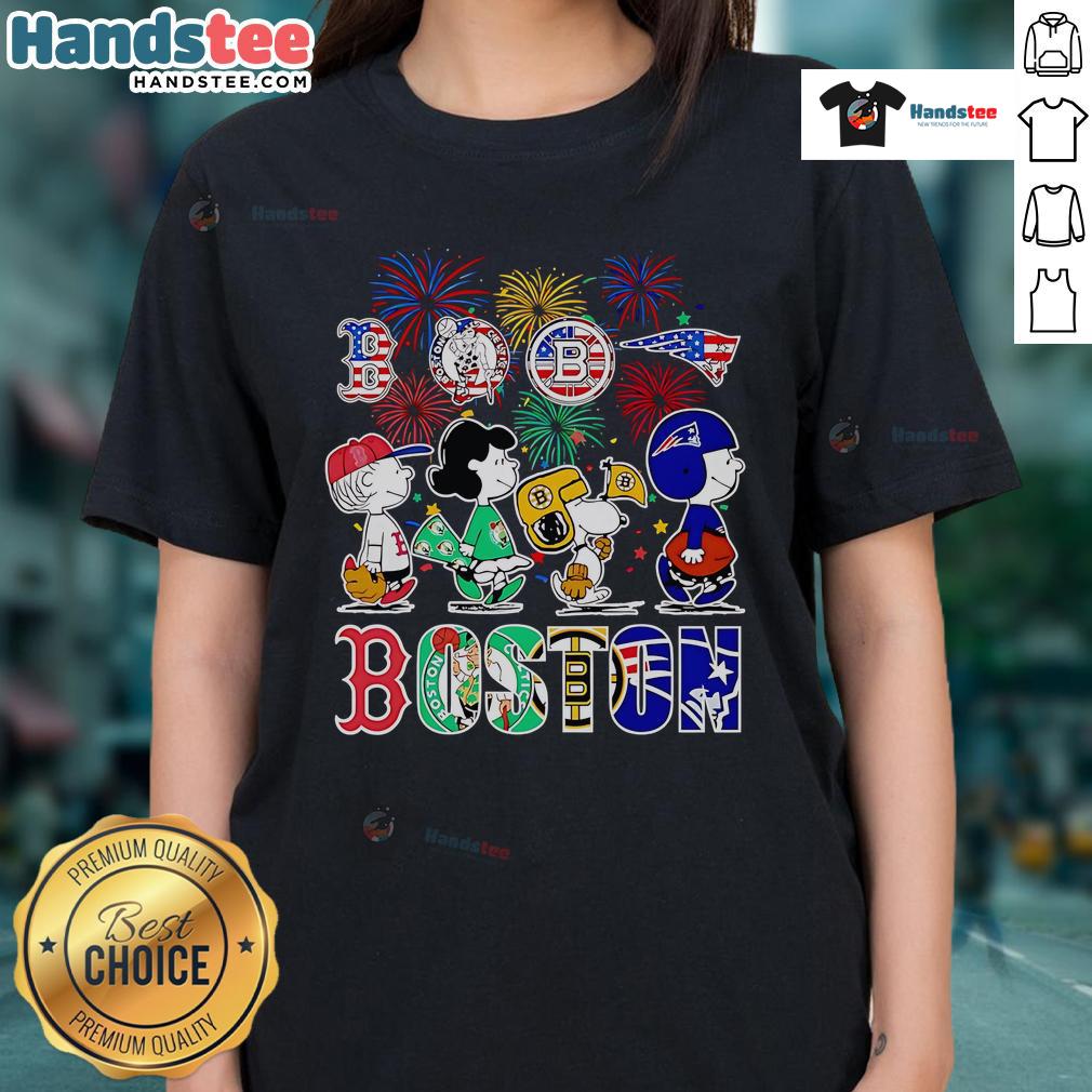 Alt Text: Ladies' tee featuring Nice Peanuts design for Happy 4th of July, celebrating Boston sports spirit.