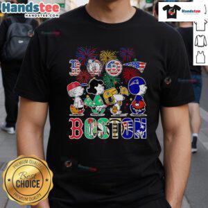 Nice Peanuts Happy 4th of July Boston Sports T-Shirt featuring patriotic design and iconic Peanuts characters.