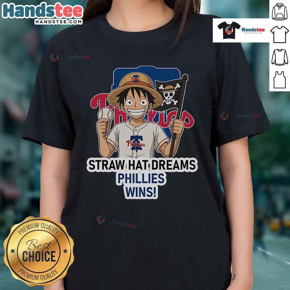Alt Text: Ladies tee featuring Philadelphia Phillies Monkey D. Luffy design, perfect for fans of baseball and anime.