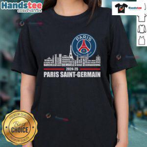 Alt Text: Limited edition ladies tee for 2024-25 Champions Paris Saint-Germain F.C., featuring team logo and stylish design.