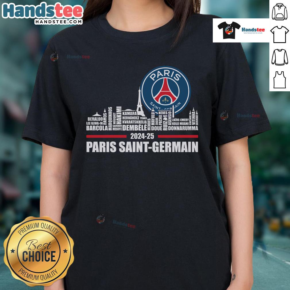 Alt Text: Limited edition ladies tee for 2024-25 Champions Paris Saint-Germain F.C., featuring team logo and stylish design.