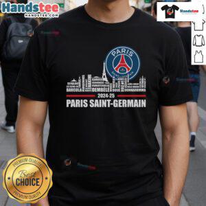 Alt Text: Official 2024-25 Champions Paris Saint-Germain F.C Limited Edition T-Shirt featuring team logo and celebratory design.