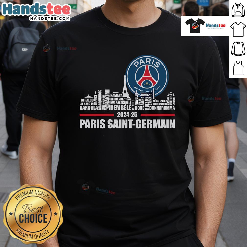 Alt Text: Official 2024-25 Champions Paris Saint-Germain F.C Limited Edition T-Shirt featuring team logo and celebratory design.