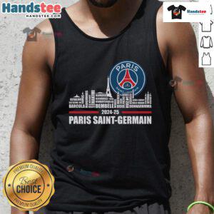 Alt Text: Limited edition tank top for 2024-25 Champions Paris Saint-Germain F.C., showcasing team colors and logo.