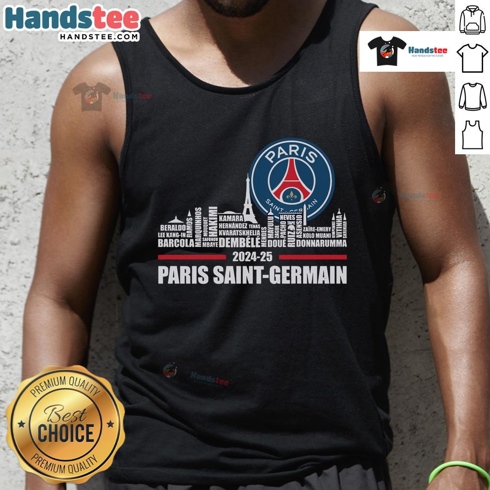 Alt Text: Limited edition tank top for 2024-25 Champions Paris Saint-Germain F.C., showcasing team colors and logo.