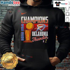 Alt Text: Oklahoma City Thunder trophy hoodie celebrating the 2025 NBA Finals champions, featuring team logo and vibrant colors.